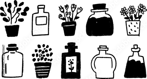 Collection of plants in pots and bottles. Simple black and white vector illustration showcasing minimal design elements in a set.