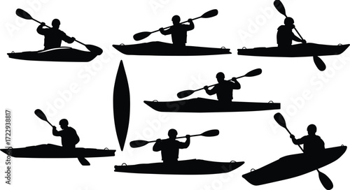 Kayaking silhouettes paddling in different positions, water sports activity, outdoor adventure, boating, fitness exercise, river exploration, vector illustration, recreation, competition