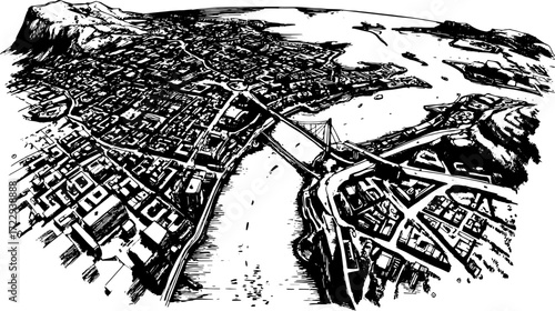 Aerial view of a city illustrated in black and white. Urban landscape set featuring buildings, streets, and a bridge in a vector illustration.