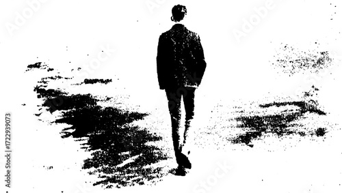 Walking person silhouette in black and white. Grayscale vector illustration with clear contrast and texture, creating a sense of movement and solitude.