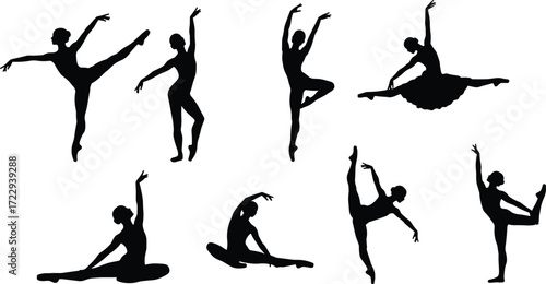 Silhouette ballet dancers performing elegant poses, arabesque, split, pirouette, vector illustration of classical dance performance, artistic movement and graceful choreography