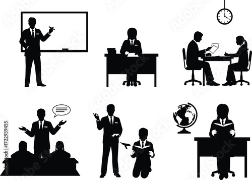 Education silhouette, teaching, learning, presentation, discussion, global study, student activity, black vector, classroom scene, academic pose, professional setting