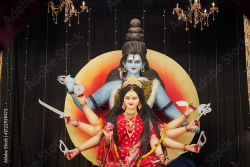 Canvas Print Shiv Parvati idol in divine form, Hindu goddess Durga with Shiva statue, Traditional Navratri festival decoration, Artistic sculpture of Shiv and Shakti stock photo