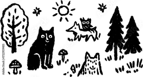 This illustration features a whimsical set of animals: a cat, fox, and owl against a simple nature backdrop. Black vector art elements create a cohesive image.