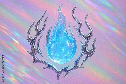 Flame shaped Emblem with Metallic tattoo style Bling and Fire shaped Water Liquid, Pastel Rainbow lighting and pink backdrop, Abstract Surreal Y2K Urban Style Concept Art