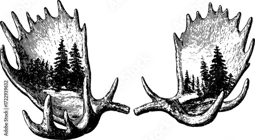 Deer antlers with a detailed forest landscape silhouette. Vintage black and white vector illustration showcasing nature and wildlife.