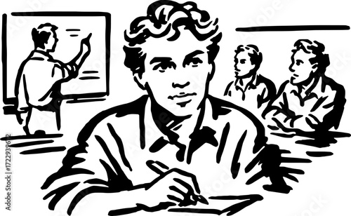 Student in classroom focused on lesson. Teacher presenting at blackboard with a group of peers. Vector illustration showcasing engagement and learning.