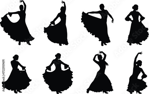 Silhouette flamenco dancers performing traditional Spanish dance, expressive arm movements, flowing dresses, vector illustration of cultural performance, artistic choreography and elegance