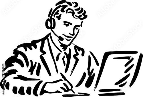 Agent with headset using laptop, depicted in a simple black outline. Professional vector illustration conveying a business concept.