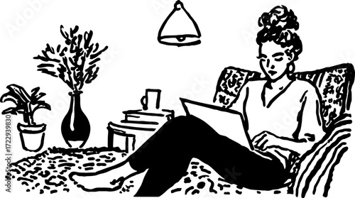 Woman sitting in a cozy home interior with a laptop. Modern vector illustration featuring plants, a vase, and comfortable furniture set.