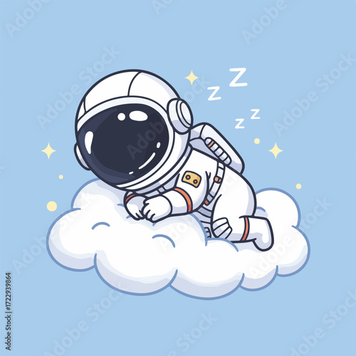 Adorable astronaut napping peacefully on a fluffy cloud in space.