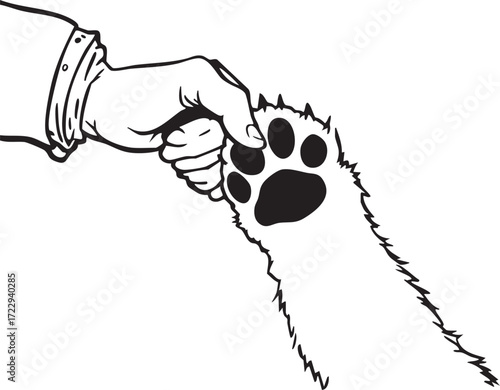 Black and white vector of human hand and animal paw fist bump symbolizing friendship, respect, and pet companionship