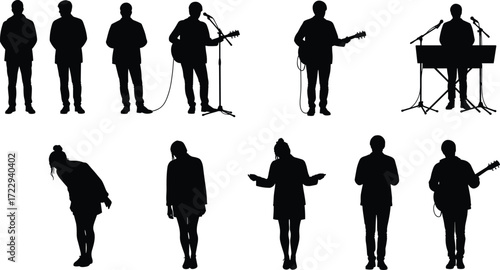 Silhouette musicians performing with guitar, keyboard, expressive stage poses, vector illustration of live concert entertainment, artistic music band performance scene