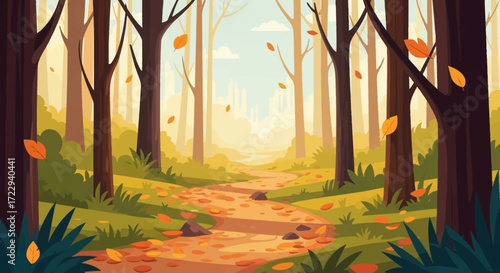 A vibrant autumn forest path with fallen leaves and tall trees.
