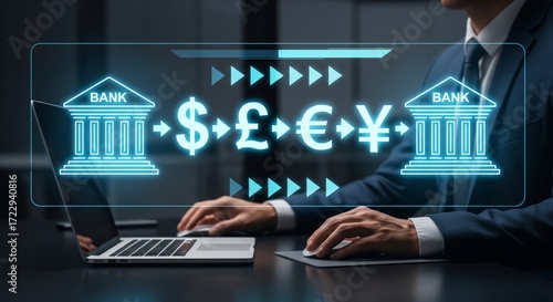 Businessman Using Laptop with Holographic Bank Transfer Icons and Global Currency Symbols