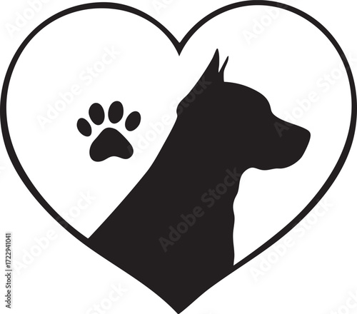 Dog silhouette inside heart with paw print in black and white vector illustration symbolizing love and pet companionship
