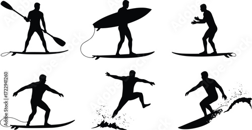 Silhouette surfers and paddleboarders performing tricks, riding waves, balancing poses, vector illustration of surfing action, extreme water sports and ocean lifestyle
