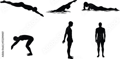 Silhouette swimmers diving, freestyle, breaststroke, standing poses, vector illustration of aquatic sports performance, human body movement, training, competition, and discipline