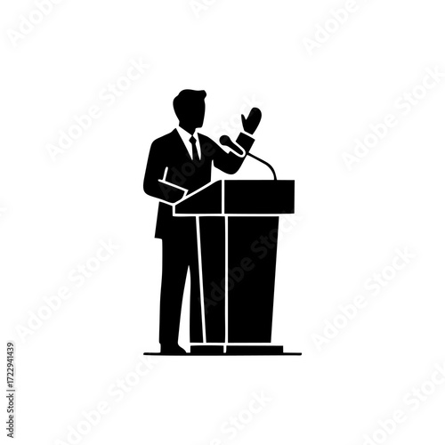 vector silhouette of a person giving a speech at a podium with a white background