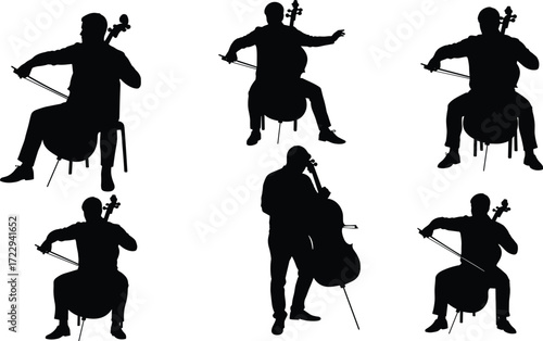 Collection of full black musician silhouette playing cello in different poses, standing and sitting, performing classical music on white background