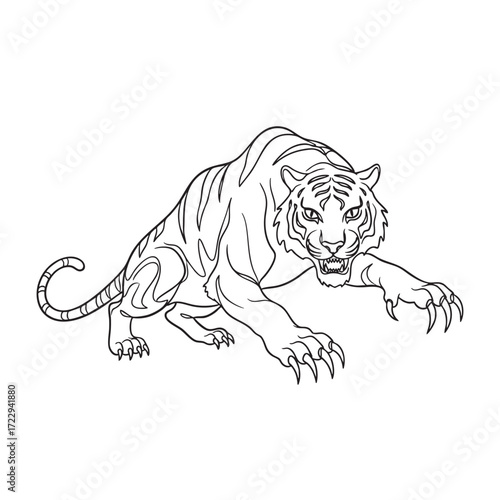 Single line art of a crouching tiger with claws extended, black outline design perfect for coloring pages, tattoo art, and hunting illustrations.