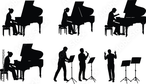 Silhouette musicians performing with grand piano, singers with microphone, conductor leading music rehearsal, vector illustration of artistic musical performance scene