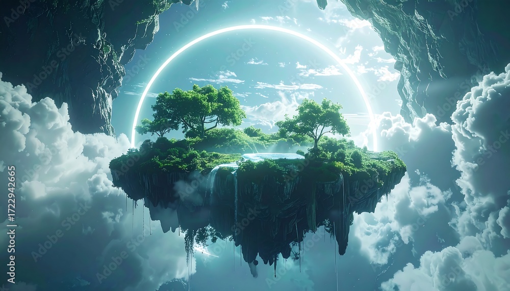 Obraz premium A fantastical floating island, with lush trees, a waterfall, and a glowing halo in a sea of fluffy clouds