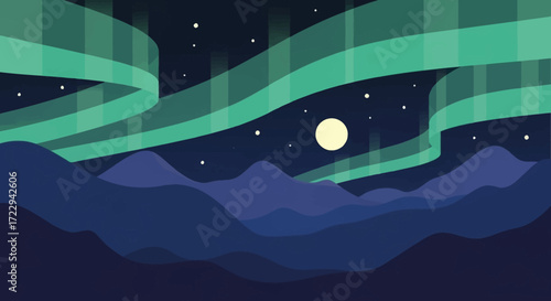 Aurora Borealis over mountains at night with full moon.