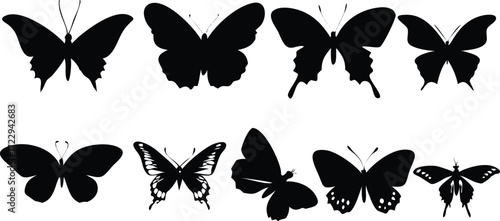 Elegant butterfly silhouettes in flight, perfect for nature-inspired designs, branding, and ethereal projects, offering timeless beauty and versatile applications