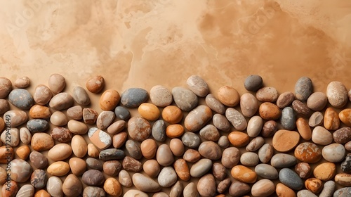 Smooth pebbles create a natural stone texture background in earthy colors, ideal for organic and natural themes.