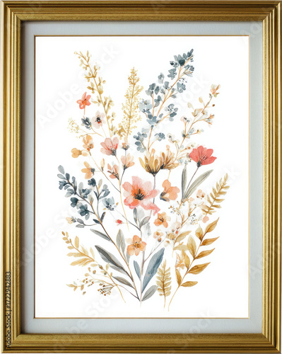 
A beautiful vintage watercolor painting in a gold picture frame, featuring spring flowers and ferns