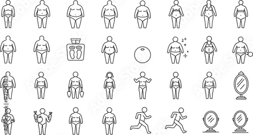 Weight loss transformation icons set with obesity, slimming, fitness exercise, running, healthy lifestyle, wellness, diet, workout, progress, vector illustration