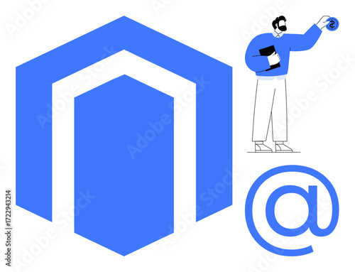 Large storefront logo, man holding coin, and email symbol. Ideal for digital commerce, online retail, payment solutions, branding, marketing tech innovation and finance. Clean flat metaphor