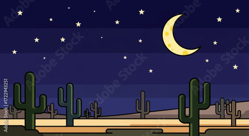 Cactus plants in a desert landscape under a starry night sky with a crescent moon.