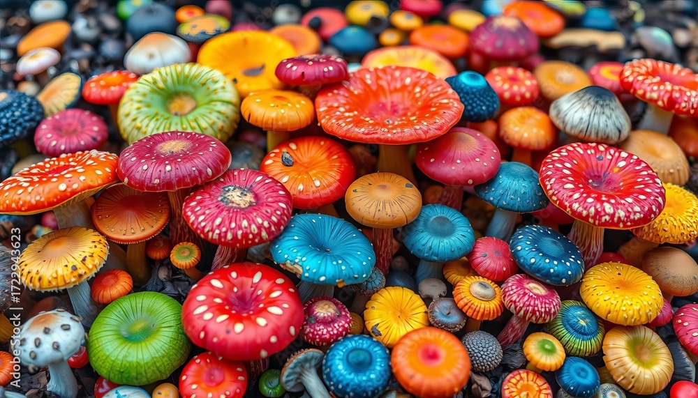 Fototapeta premium Vibrant array of colorful mushrooms, various sizes and textures, close-up, stock photo