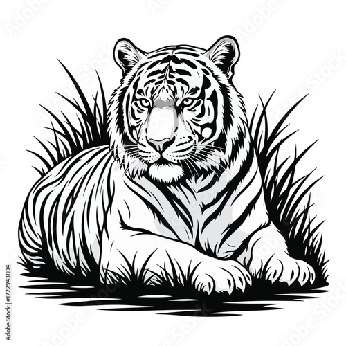 Tiger lying on the grass. Black and white vector illustration.