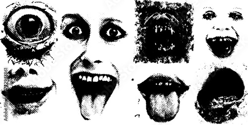 Collection of expressive faces showcasing unique eye and mouth gestures. Black and white vector illustration set with a vintage style.