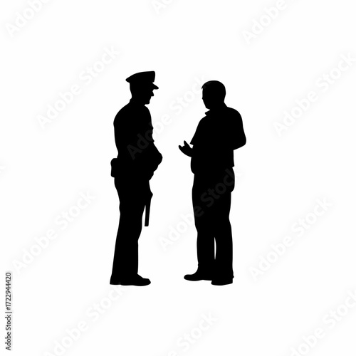 Silhouette of officer giving update to prosecutor white background silhouette