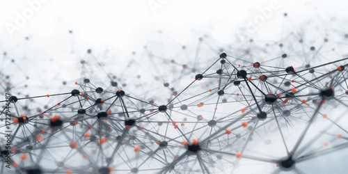 Digital connections and nodes linked through geometric lines, creating an abstract structure with glowing highlights, orange accents, and blurred white particles, symbolizing complexity, networking, 
