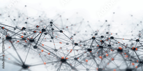 Digital connections and nodes linked through geometric lines, creating an abstract structure with glowing highlights, orange accents, and blurred white particles, symbolizing complexity, networking, 