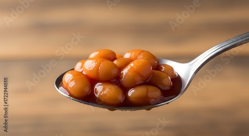 Close-up shot of baked beans served in a silver spoon against wood
