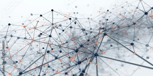 Digital connections and nodes linked through geometric lines, creating an abstract structure with glowing highlights, orange accents, and blurred white particles, symbolizing complexity, networking, 