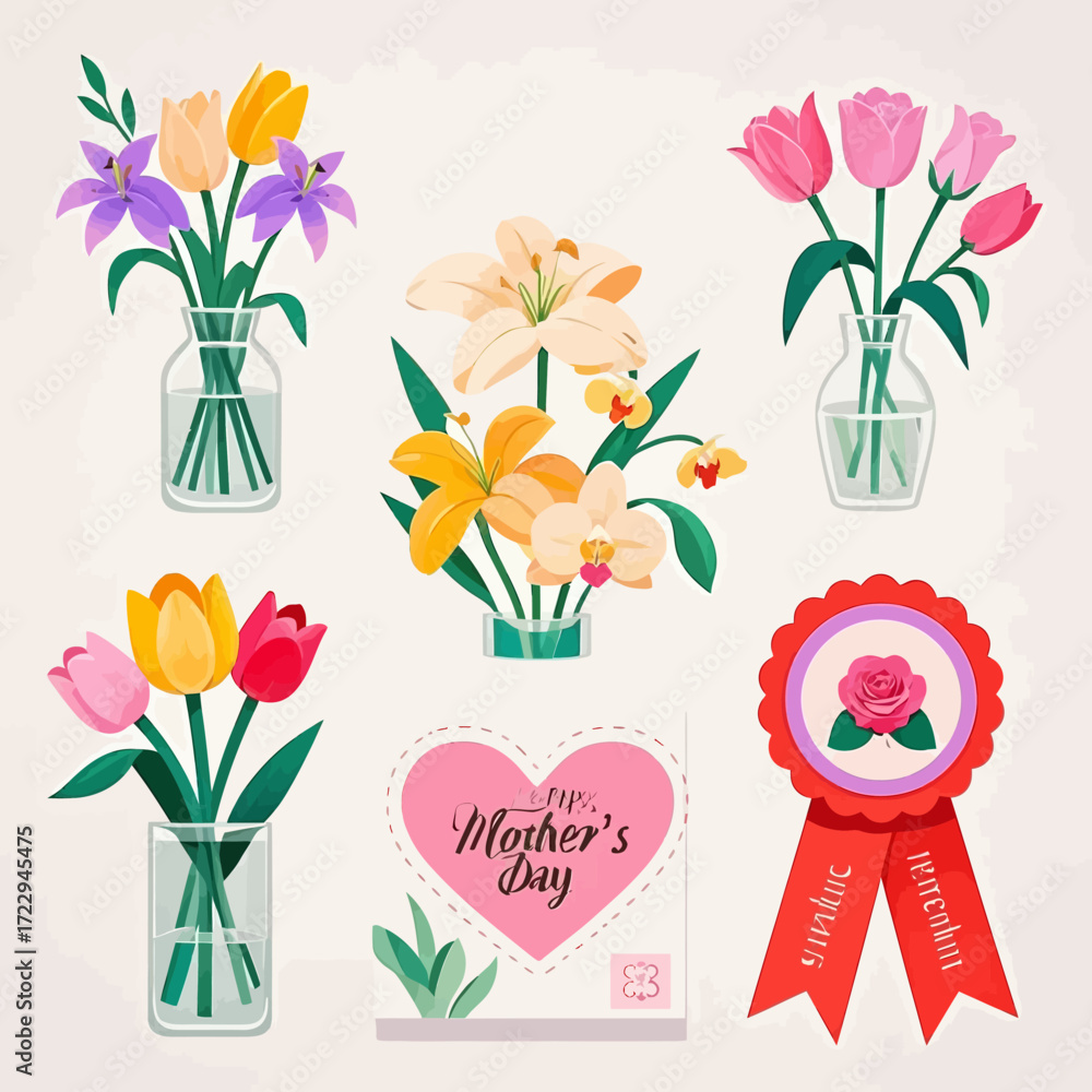 Obraz premium A collection of colorful floral bouquets in vases, alongside a Mother's Day card and a ribbon.