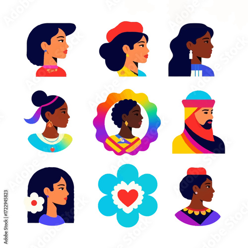 A collection of diverse stylized headshots of people from various cultures and backgrounds, presented as colorful vector illustrations.