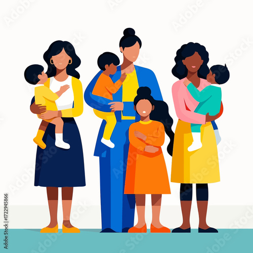 Illustration depicting three women of diverse ethnicities holding young children, with a young girl standing in front of one of the women.