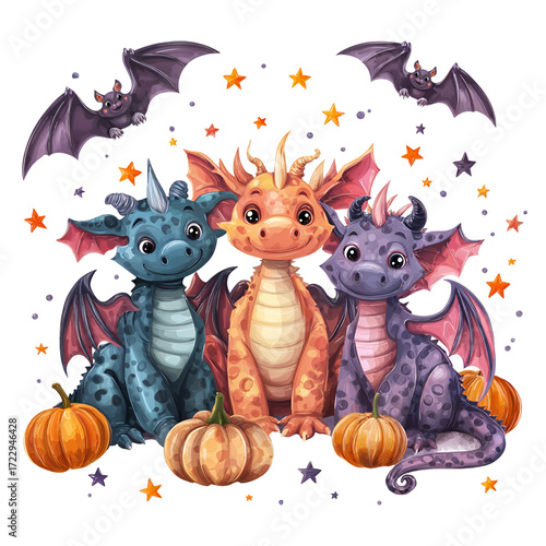 Colorful baby dragons celebrate Halloween with pumpkins and bats in a whimsical autumn scene