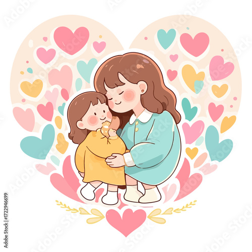 A tender illustration depicts a mother embracing her young daughter, surrounded by a whimsical heart-shaped pattern of colorful, pastel hearts, symbolizing love and affection.