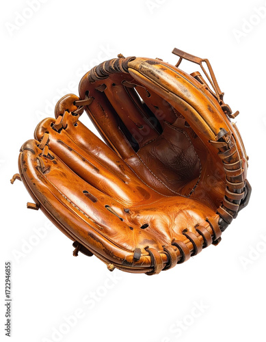 Well-worn, tan leather baseball glove, open, showing interior stitching and discoloration from age and use