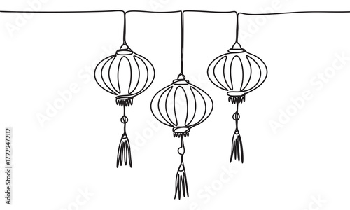 Line Art of Chinese Lanterns Hanging in a Row