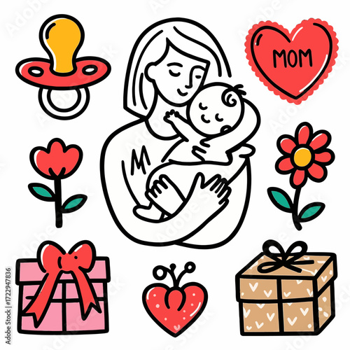 A mother tenderly embraces her baby, surrounded by gifts and floral decorations, celebrating motherhood.